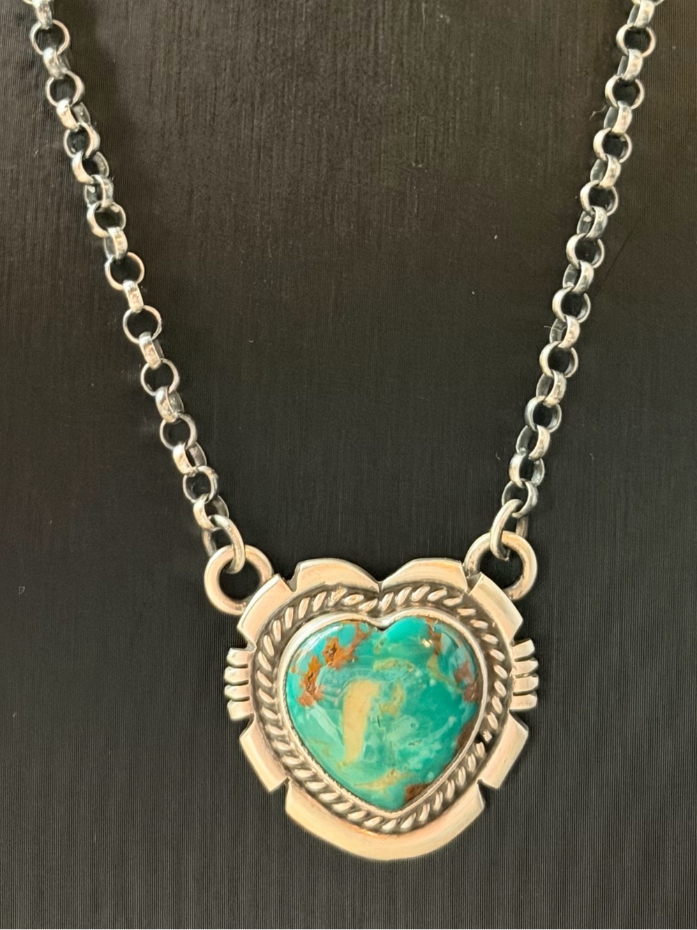 Jon McCray Navajo Handmade Sterling Silver Heart Turquoise Pendant Necklace - Picture 5 of 12